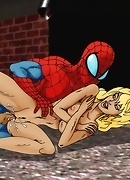Spiderman fucks Gwen in an alley. He plays with her bubble boobs.